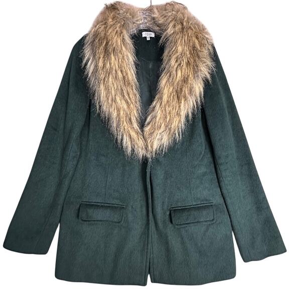 Tobi Wool Blend Blazer Faux Fur Collar Women Forest Green Tan Sz M Holiday Coat - Picture 2 of 14